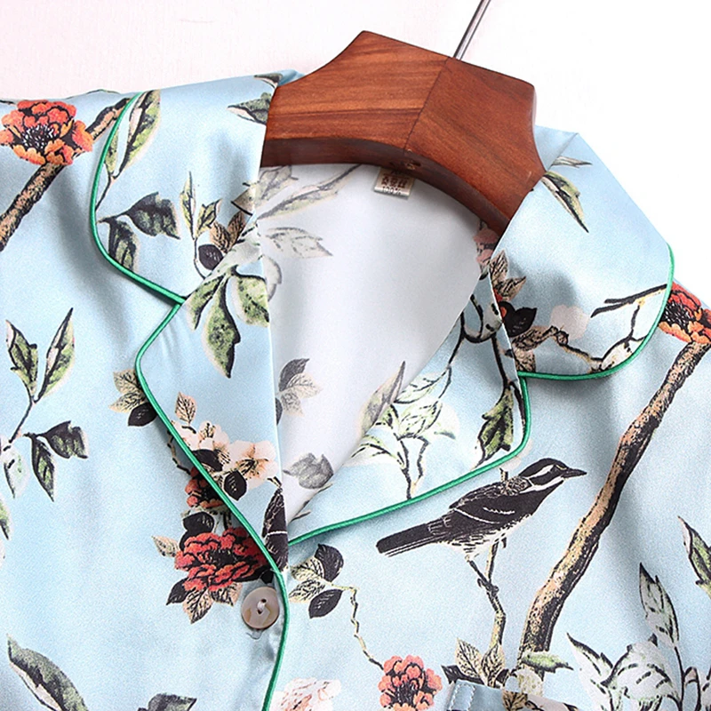 Nightgowns Women 100% Silk Nightcloth Printed Two Pieces Set Short Sleeve Elastic Waist Long Pants Loose Suits All Season