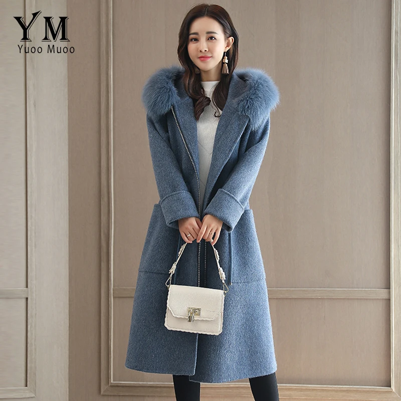 

YuooMuoo New High Quality Designer Cashmere Coat Women Long Winter Jacket Wool Coat Blue Artificial Feather Hooded Woolen Coat