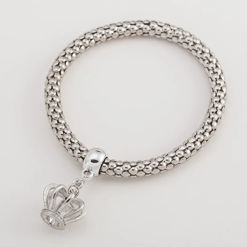 crown silver Серебряный цвет эластичный Попкорн цепи змея цепи в форме сердца кристалл кулон элегантный простой темперамент модный браслет для женщин - Окраска металла: crown silver