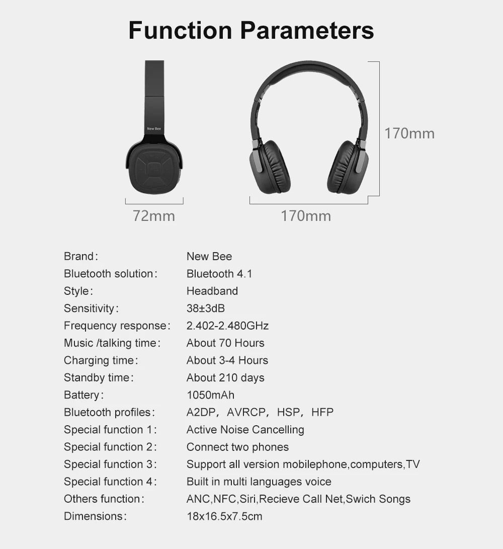 Новые Bee активные шумоподавления ANC HD стерео Складная гарнитура беспроводные Bluetooth наушники с микрофоном для iPhone xiaomi PC tv