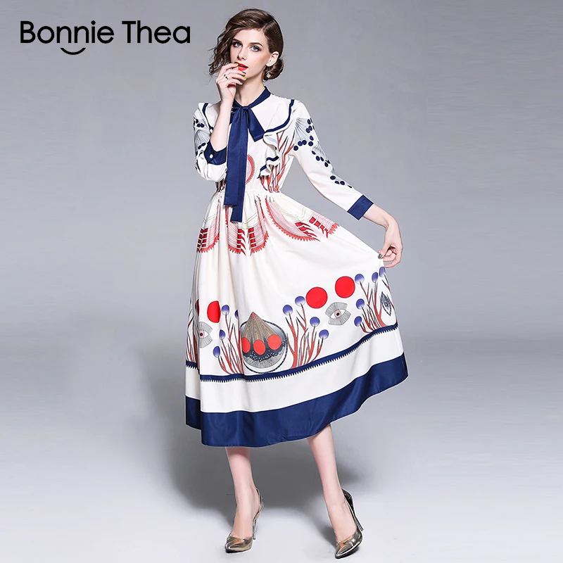 Бонни Thea Женщины Boho белое платье с принтом 2018 Лето и Осень шифон эластичным