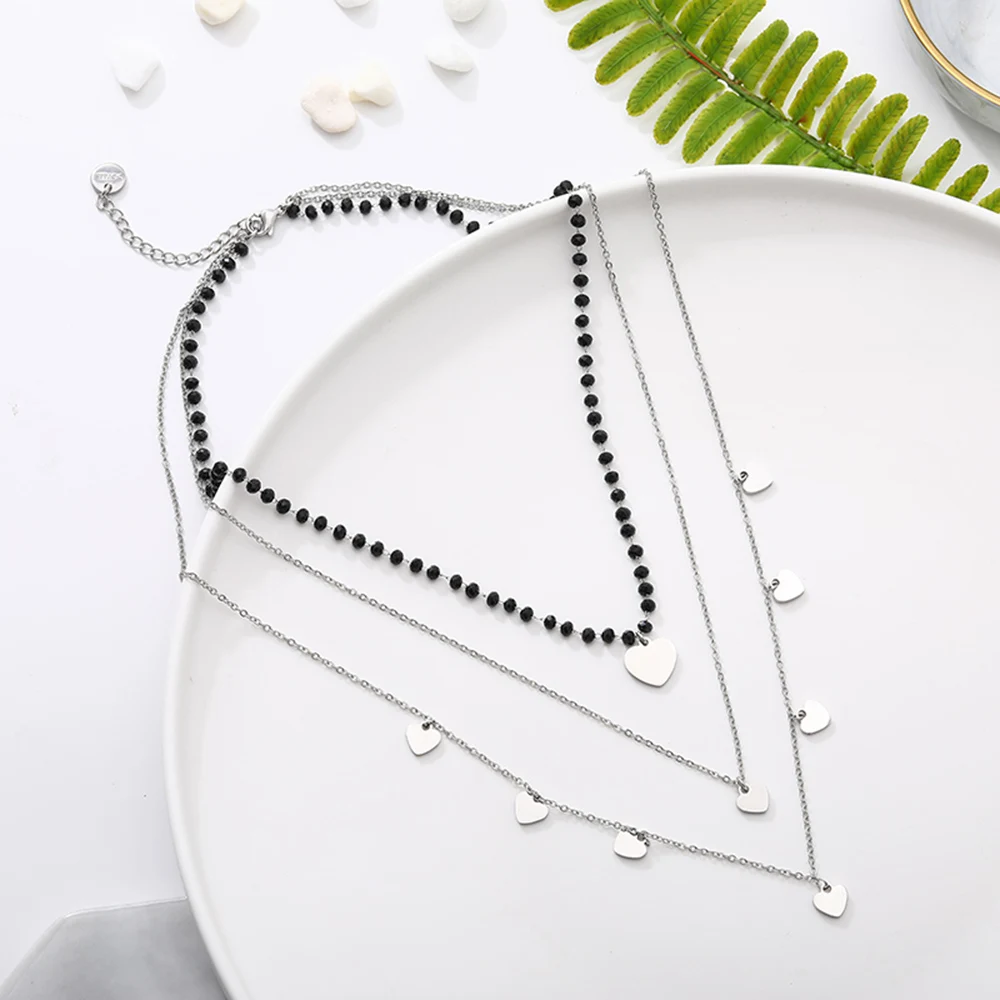 Stainless Steel Layered Necklaces for Women Black Crystal Beads with Heart Pendant Chokers Jewelry 2019 Trendy Female Party Gift | Украшения