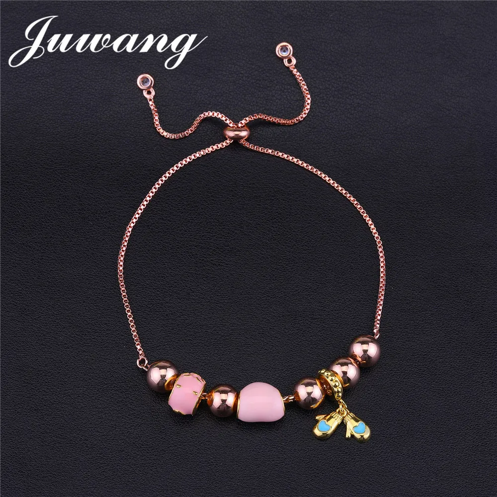 

\JUWANG 2018 Beads Glove Pendant Bracelet&Bangle for Woman Girl Rose Gold Color Heart Pink Enamel Heart Fashion Pandor Jewelry