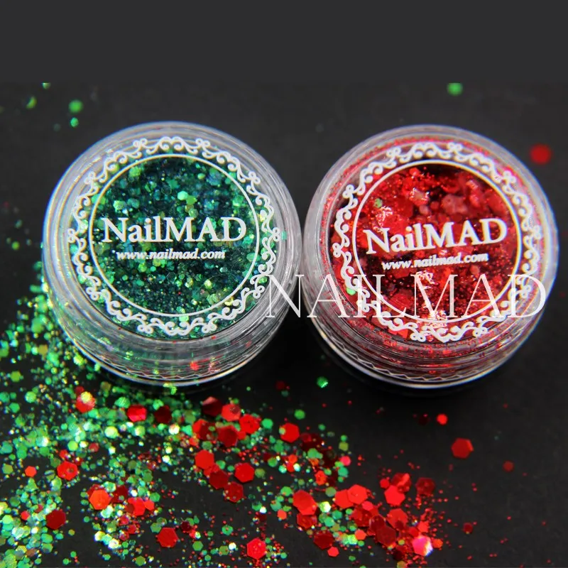 2 цвета/Набор ногтей MAD Xmas Блестки для ногтей рождественские Блестки для ногтей голографические Блестки Красный Зеленый Блестки пыль шестиугольник