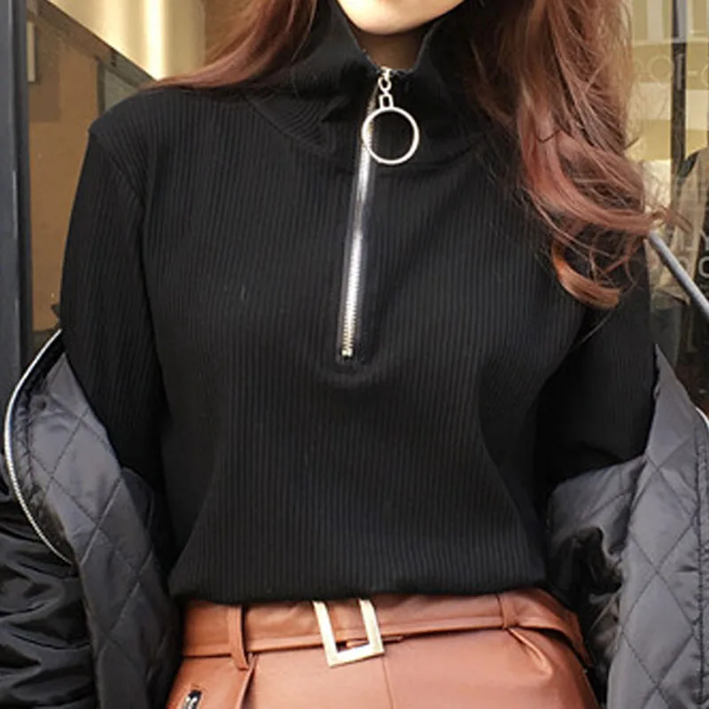 Autumn Winter Women Zipper Sweaters Causal Turtleneck Long Sleeve Knitted Bottom Pullovers Red Black women clothing | Женская одежда