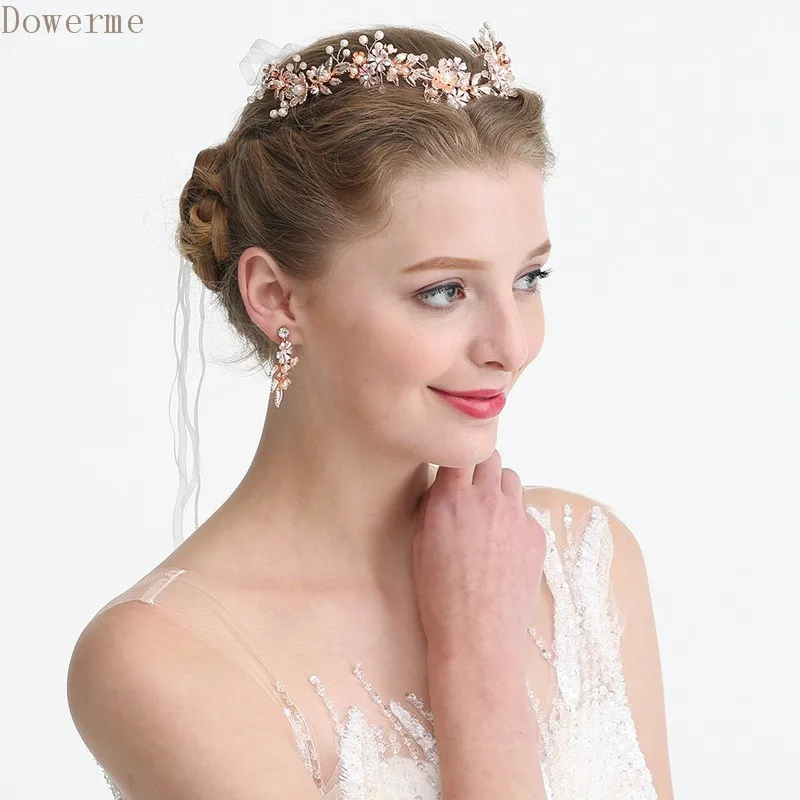 Очаровательное розовое золото свадебный цветок лист головной убор жемчужная