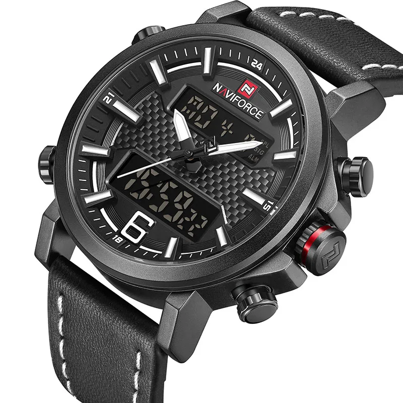Black White NAVIFORCE мужские спортивные часы мужские кварцевые светодиодный цифровые часы лучший бренд класса люкс мужские модные кожаные водонепроницаемые военные наручные часы - Цвет: Black White