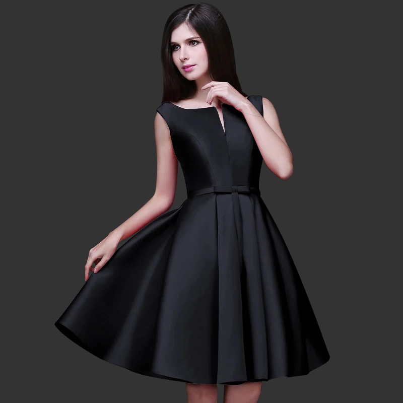 black knee length CEEWHY, атласное платье без рукавов, элегантные вечерние платья, Длинные трапециевидные вечерние платья для выпускного вечера, Vestido de Festa Abendkleider - Цвет: black knee length