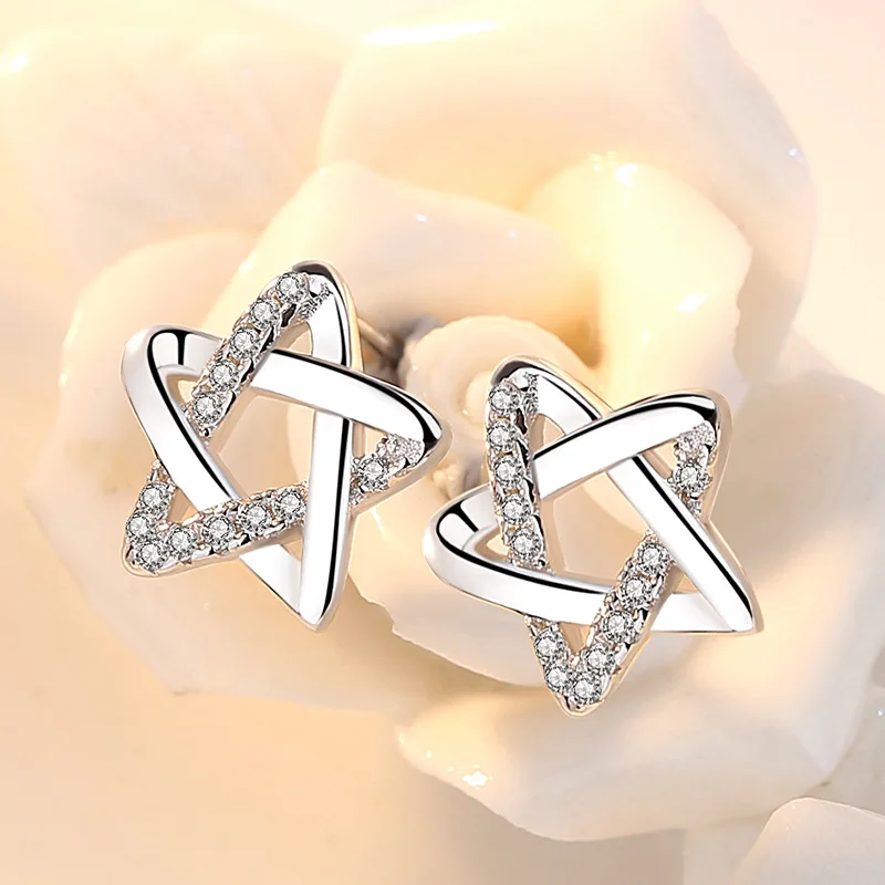 

925 sterling silver fashion shiny crystal star ladies stud earrings jewelry Anti allergy female women drop shipping