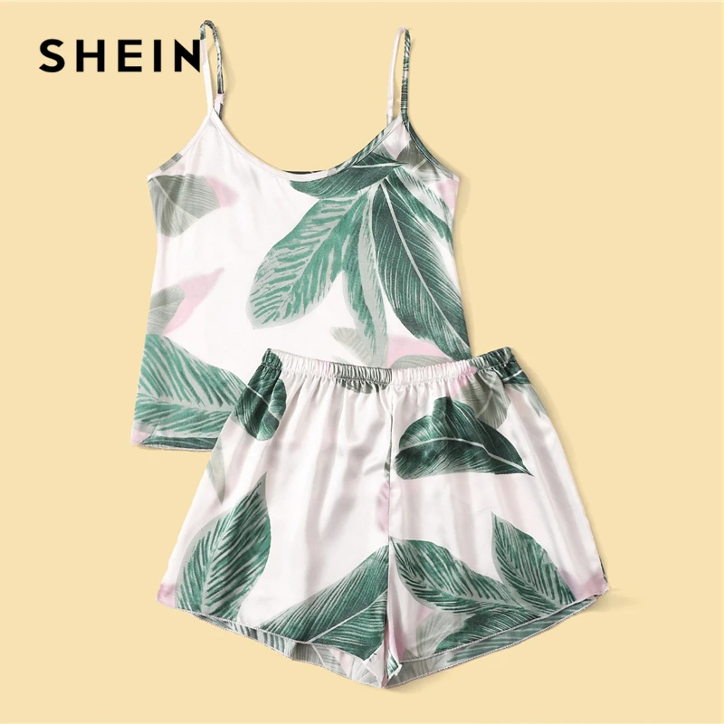 SHEIN многоцветный топ с тропическим принтом и шорты, Атласный пижамный комплект, летняя Пижама, женская сексуальная пижама