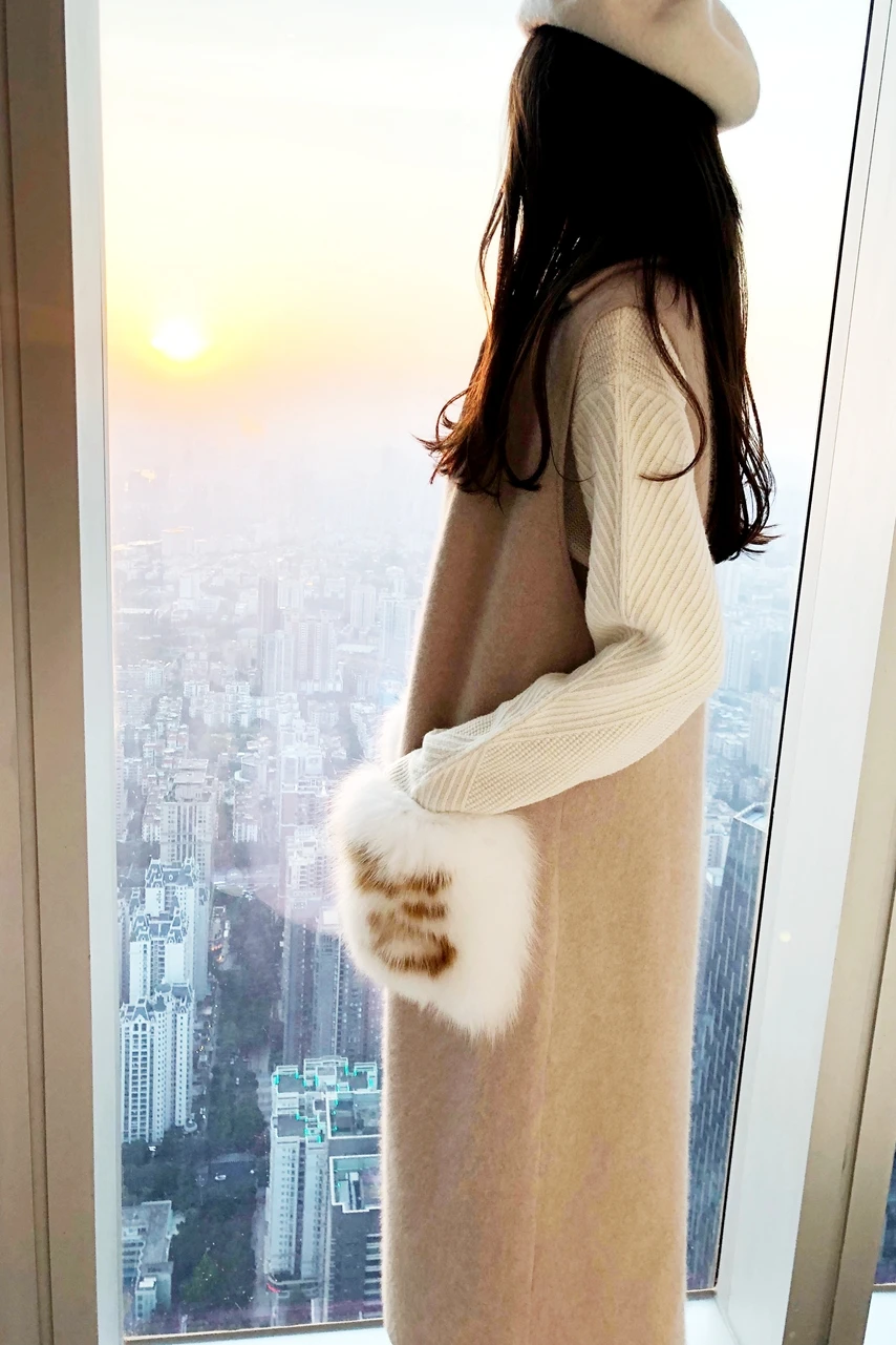 Women Mink Cashmere Gilet Real Fox Fur Pocket Vest High Quality Turn Down Collar Fashion Long Elegant Female Vests | Женская одежда