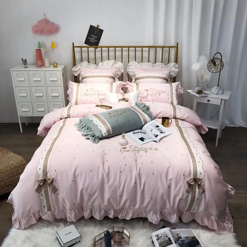 

Luxury Egypt Cotton Elegant Princess Bedding Set Embroidery Ruffles Duvet cover Bed Sheet Pillowcases Queen King Size 4/6/7Pcs