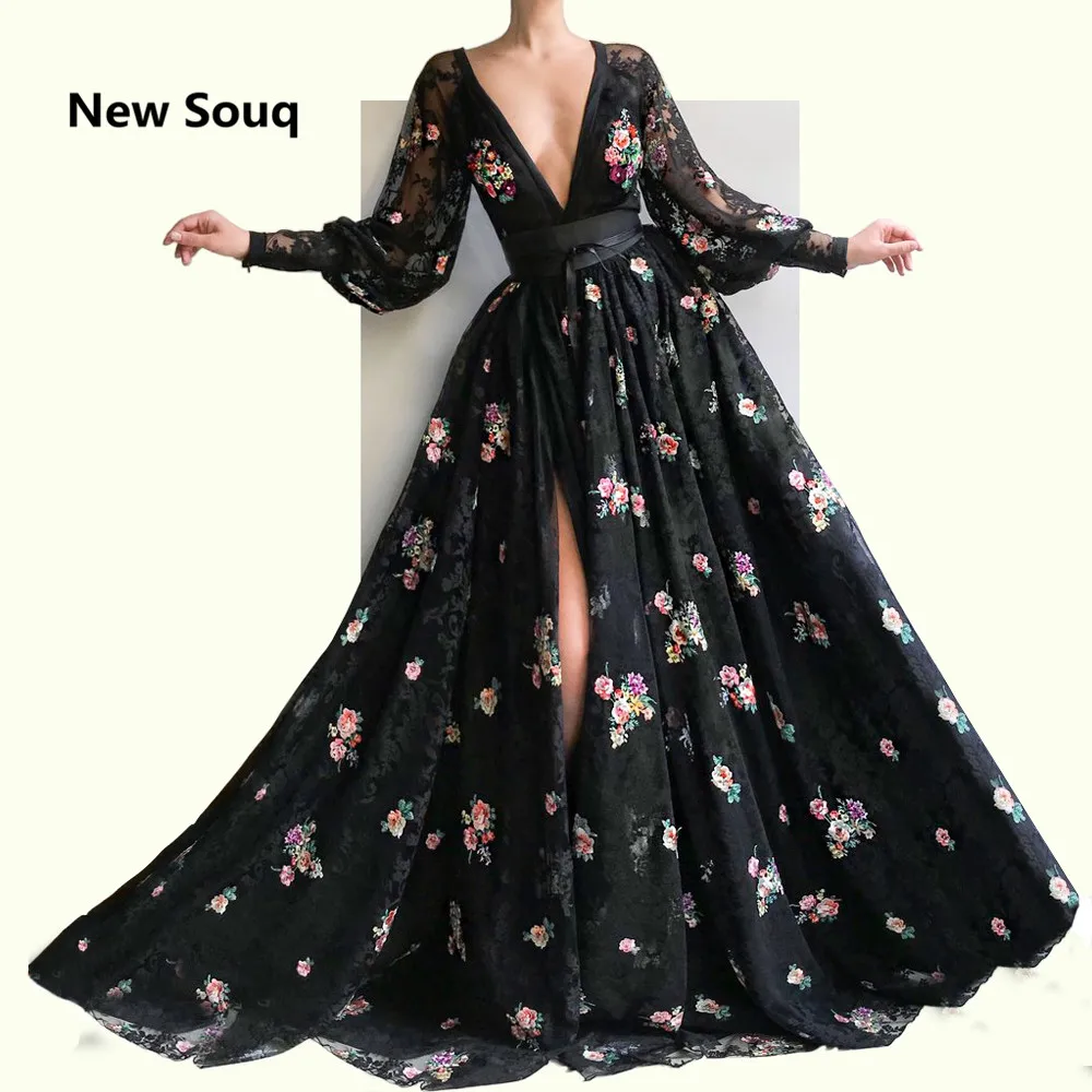 

Black Printed Tulle Side Split Prom Dresses Sexy Deep V-neck Long Sleeves Evening Gowns Sweep Train Summer Party Prom Dress