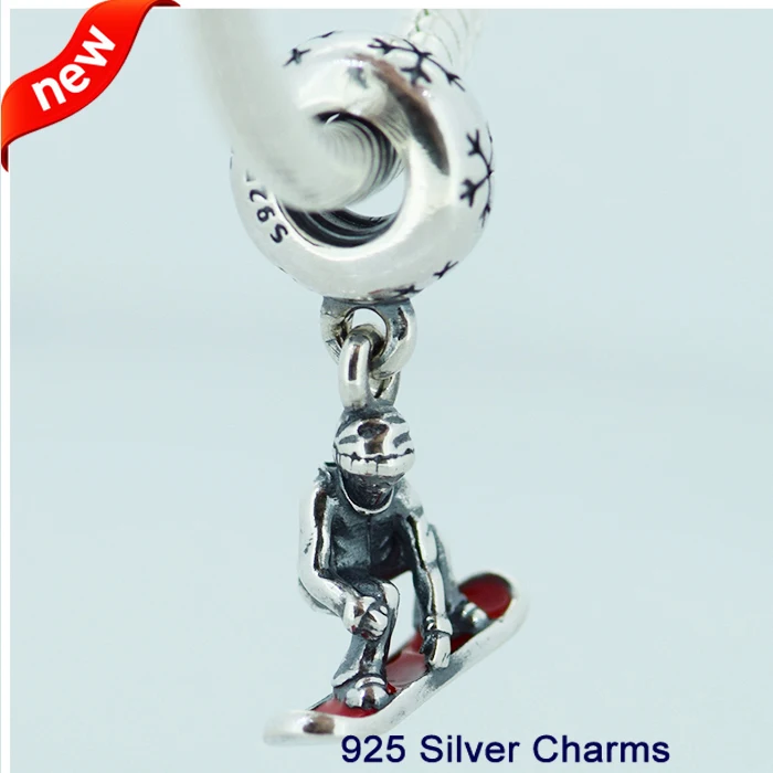Серебряные подвески для браслета Пандоры с красной эмалью сноубордистов 100%