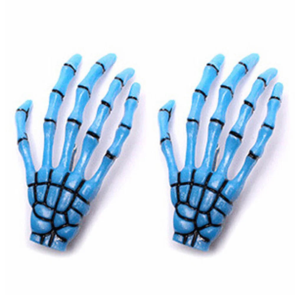 blue 2Pcs Harajuku Skull Skeleton Hand Hair Clip Bone Claw Hairpin Halloween Headwear Barrettes Women Girls Hair Stylish Accessories - Цвет: blue