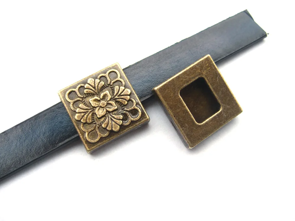 

10Pcs Antique Bronze Square Flower Slider Spacer Beads 13x2mm Hole For use With 13mm Flat Leather
