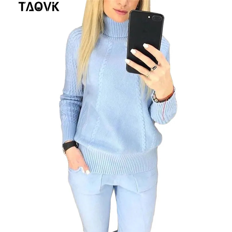 TAOVK, мягкие трикотажные костюмы, теплый свитер, женский костюм, твист, Вязанный свитер с высоким воротом, топ и штаны, свободный стильный спортивный костюм, ropa - Цвет: Light Blue