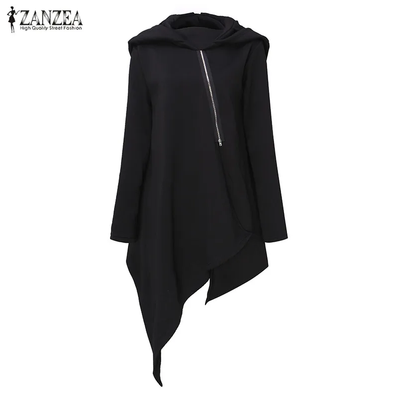 

2021 ZANZEA Women Poncho Fashion Hooded Long Sleeve Pullover Zip Irregular Hem Loose Casual Autumn Cloak Sweatshirt