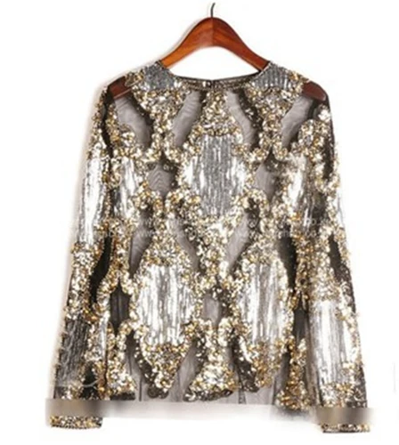 Only blouse Женская Золотая блузка, сетчатый Блестящий пуловер с прозрачными бусинами, рубашка, топы с блестками+ жилет, приталенный, новинка, 2 цвета, A923 - Цвет: Only blouse