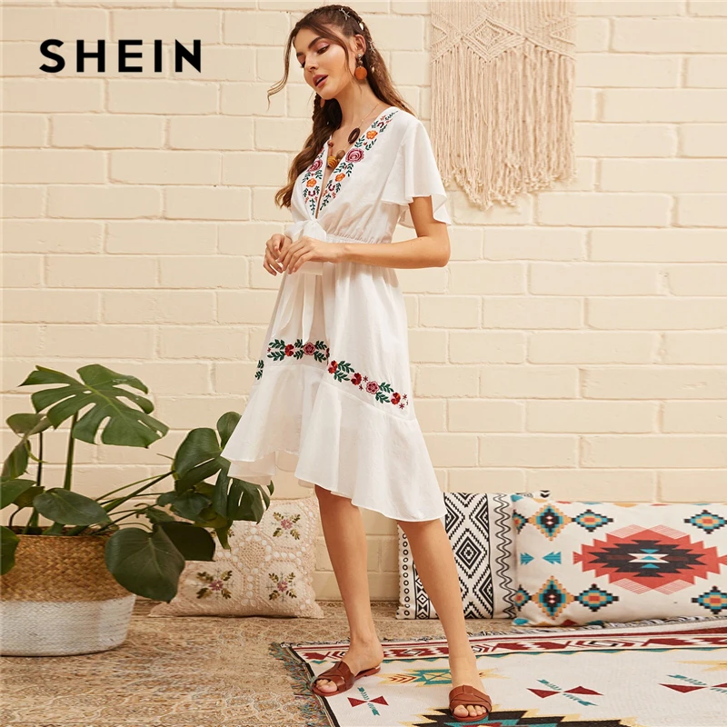 SHEIN Платье С Узлом И Оборкой Платье С Цветочной Вышивкой Бохо Летнее Платье С Глубоким V-образным Вырезом Женские Элегантные Платья