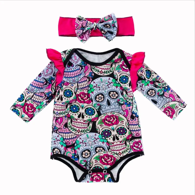 Мексиканский череп Детский костюм для девушки для хеллоуина Bebe боди повязка на голову новорожденных пачка наборы Детская одежда Одежда для младенцев Bebek Giyim - Цвет: as photo