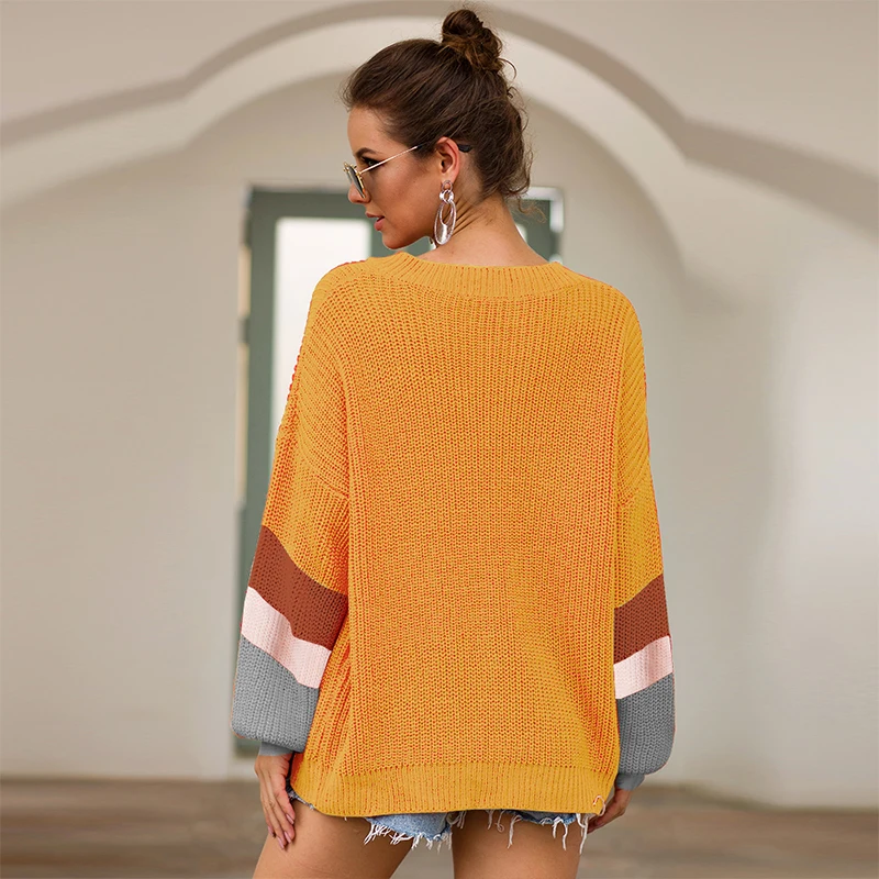 Женский свитер топ с v-образным вырезом длинный модный цветной в полоску