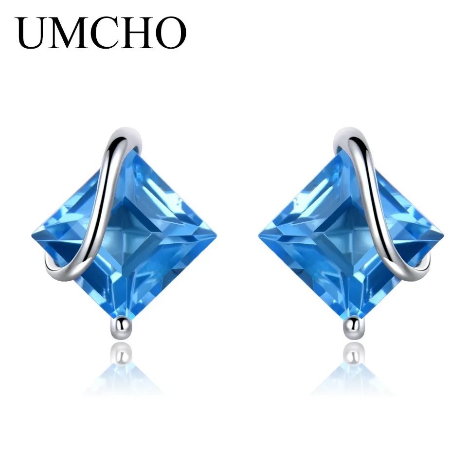 UMCHO 2.5ct натуральный Швейцарский синий топаз драгоценный камень серьги 925
