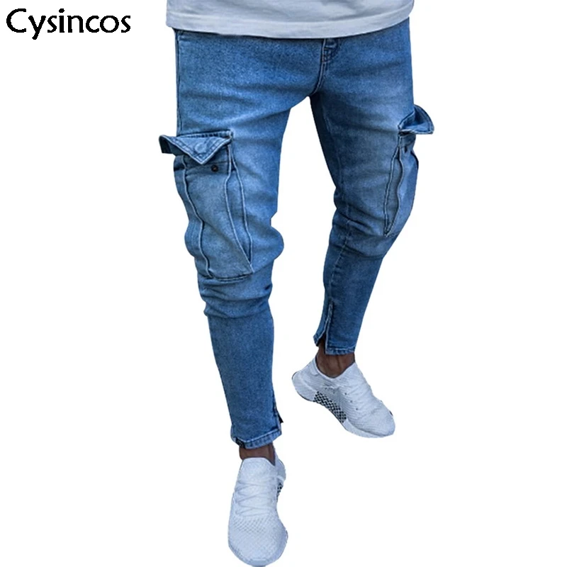 Cysincos/Новинка 2019 года осенние джинсовые брюки для мужчин Синие рваные джинсы