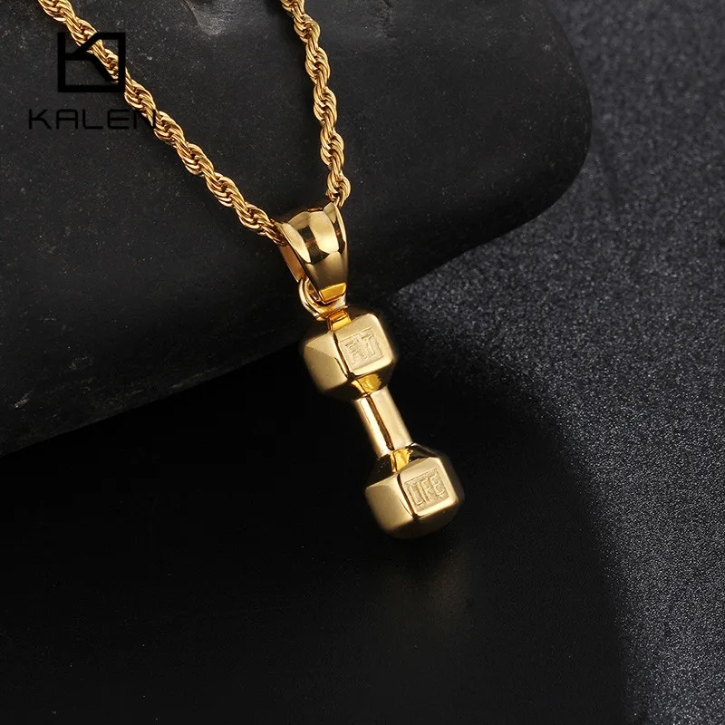 gold with chain KALEN Тяжелая атлетика гантели в форме ожерелья для мужчин из нержавеющей стали золотого цвета гантели спортивный кулон ожерелье мужские ювелирные изделия - Окраска металла: gold with chain