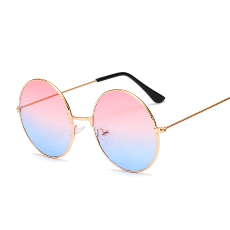 Pink blue Ретро маленькие круглые солнцезащитные очки для женщин, винтажные брендовые оттенки, черные металлические солнцезащитные очки для женщин, модные дизайнерские солнцезащитные очки - Цвет линз: Pink blue