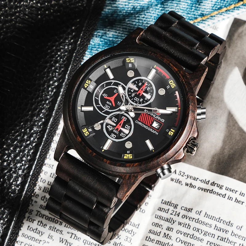 

2019 Fashion Luxury Wooden Watch Men Wood Watches Chronograph Military Quartz Wristwatches relogio masculino Men's Great Gift