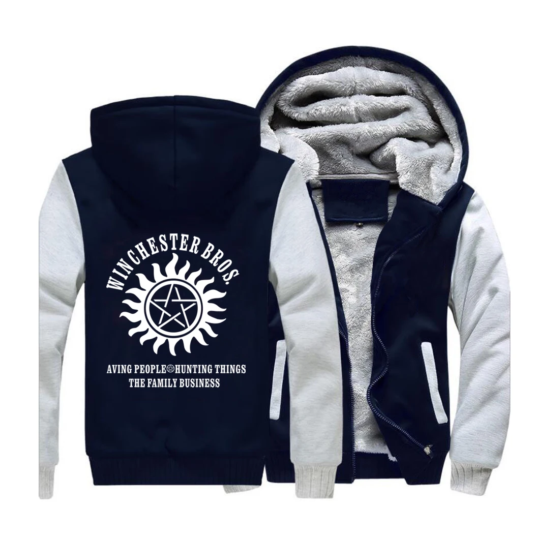 Supernatural Streetwear Hoodies Winchester Brothers Sweatshirt Men Winter Fleece Thick Hooded Sportswear Coat Hoodie Jackets - Color: gray dark blue 5