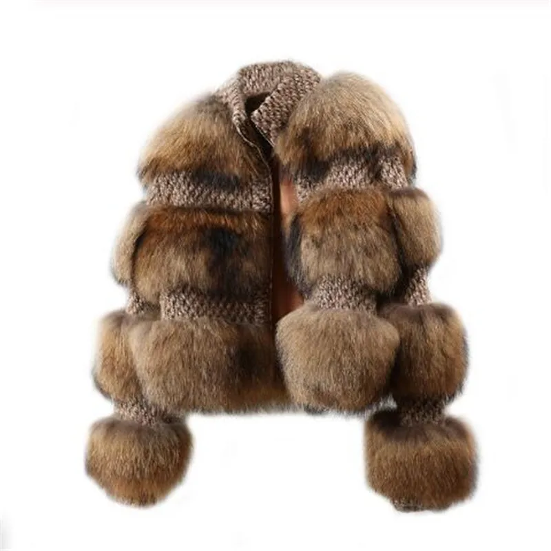 Женская куртка-бомбер с мехом енота шерстяное пальто воротником из натурального