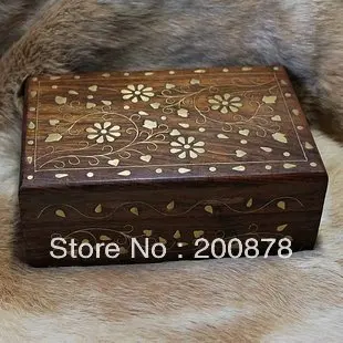 

TJB963 Indian handmade wooden vintage jewelry box,15*10*6cm,Bodhi wood inlaid brass flowers case