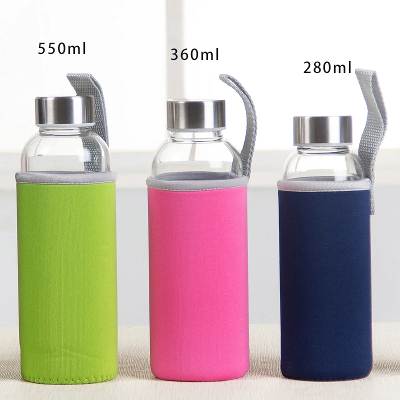0.28L/0.36L/0.55L короткие стеклянные бутылки для питьевой воды с крышкой и рукавом