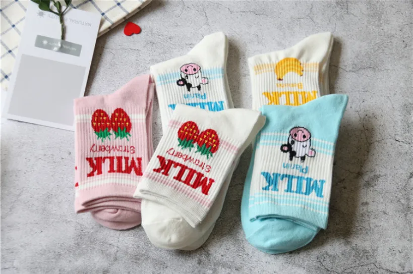 Pile Heap Milk Women Pink Socks Cotton Cartoon Fruit Print Cute Socks Meias Korean Harajuku Style with Cow Strawberry Banana 39