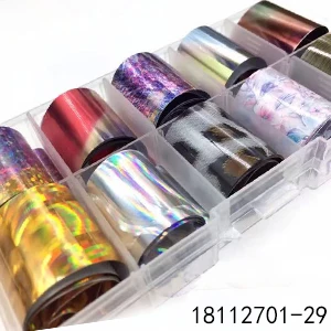 18112701-29 10 дизайнов/набор, 2,5*100 см, сделай сам, голографическая переводная фольга, наклейки для дизайна ногтей, звездная бумага, AB, металлический цвет, УФ-гель, обертывания, клейкие наклейки - Цвет: 18112701-29