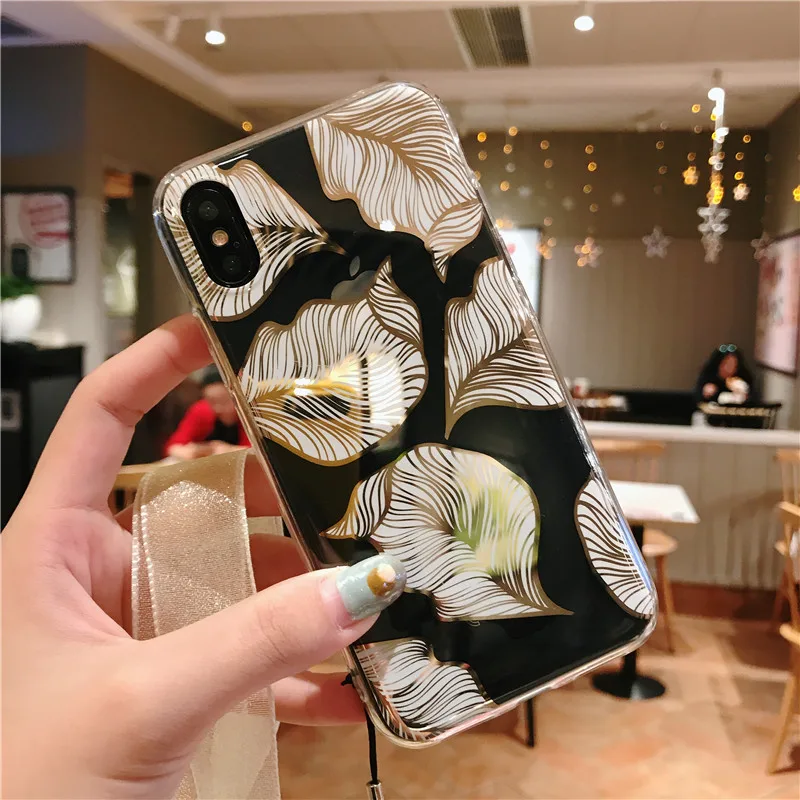 Luxirous Electroplated case for iphone XS Max iPhone 11 Pro 6 6s clear 7 plus 8 X XR flower glod leaves |