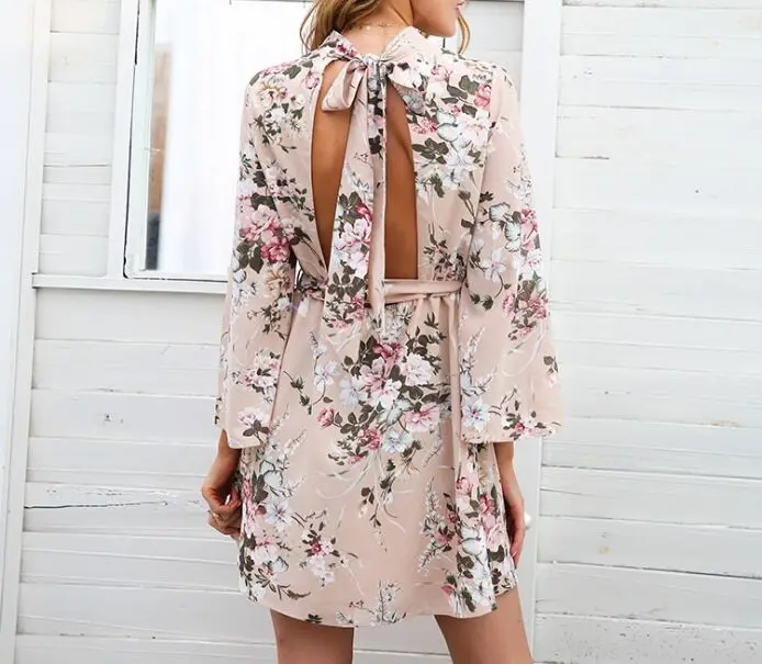 Шифоновое платье с открытой спиной и принтом женское элегантное миди