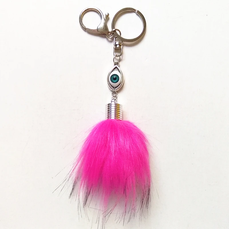 Искусственный мех енота помпон брелок для ключей из цинкового сплава с голубыми