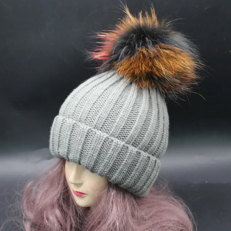 Шапка с помпоном из натурального меха 2019 плотная вязаная шапка большим енота