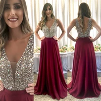 burgundy formal prom dresses long elegant v neck sleeveless sparkly crystals beaded bodice a line floor length evening gowns