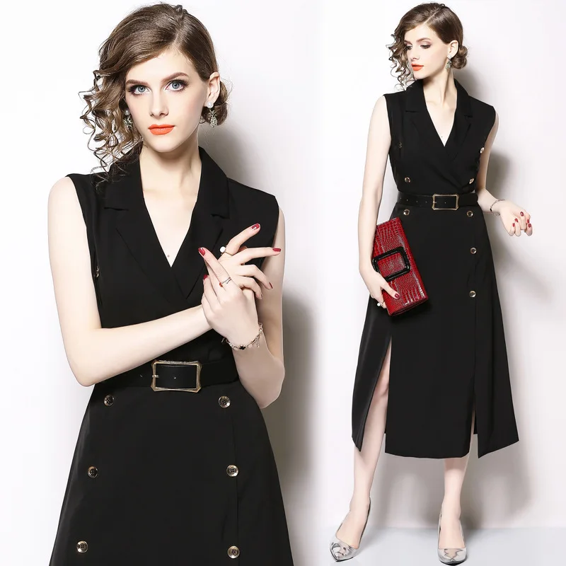 M-XXL spring autumn woman dress sleeveless notched collar calf length with belt buttons split bottom office black | Женская одежда