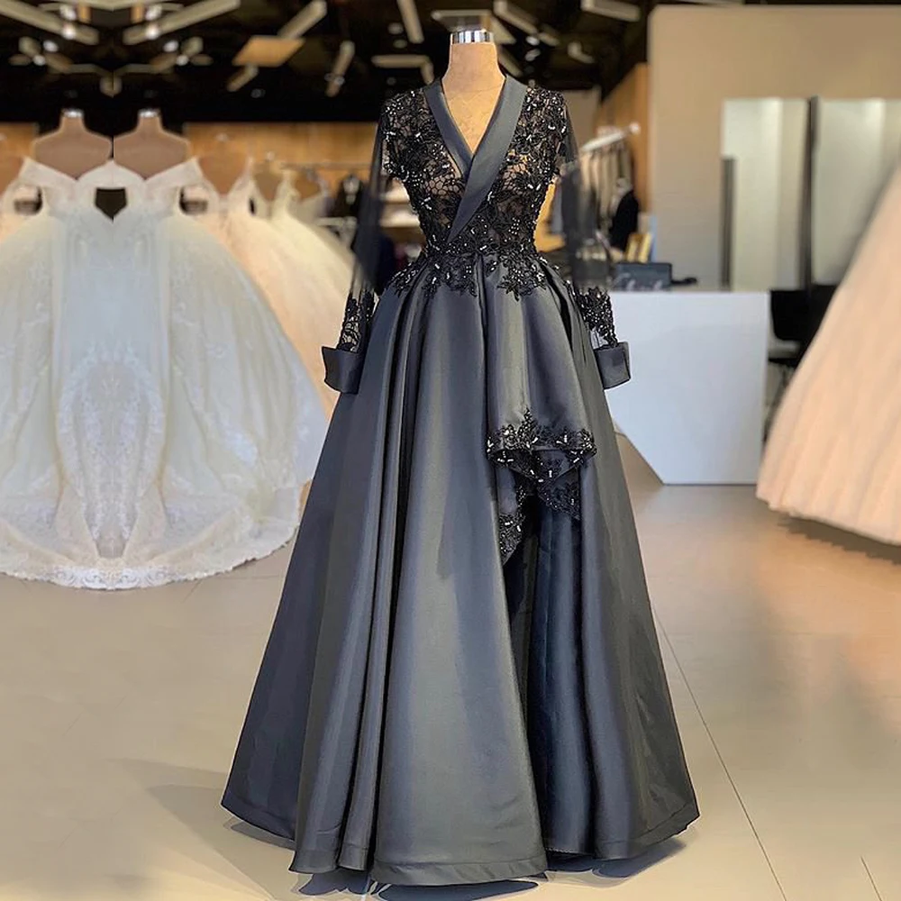 

Long Sleeve Arabic Style Women Evening Dresses 2020 A-line Sheer Top Beaded Lace Women Black Formal Evening Gowns robe de soiree