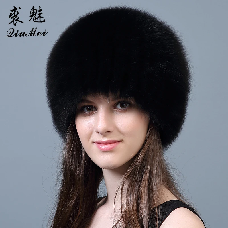 QiuMei женская зимняя меховая шапка из натурального Лисьего меха, вязаные шапки из натурального меха серебристой лисы, женские русские шапки-бомберы, утолщенная подкладка