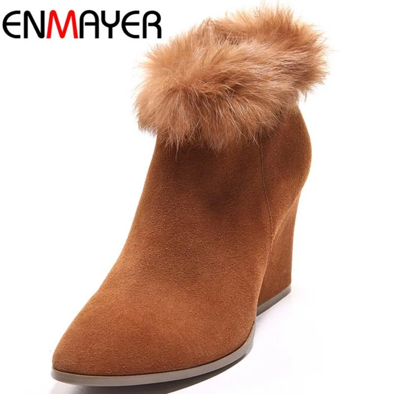 Enmayer новый женский ботильоны мода молнии кожаные сапоги толстые высокие каблуки