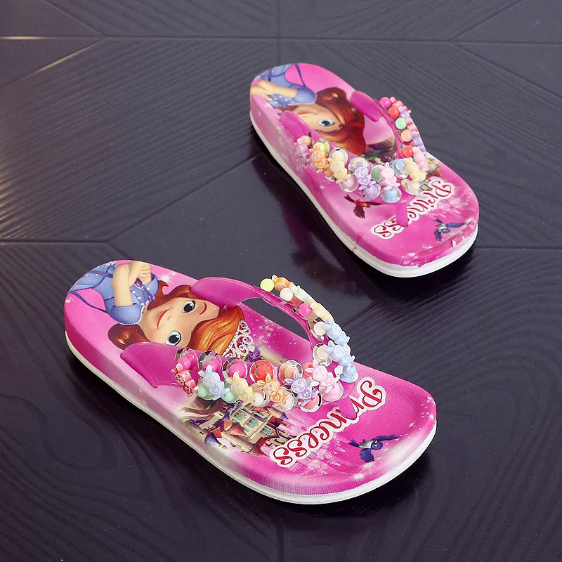 Children Girls Summer Princess PVC Beach Slippers Soft Cartoon Fashion Lovely Beading Non-slip Flip Flop Casual Shoes 2-10years