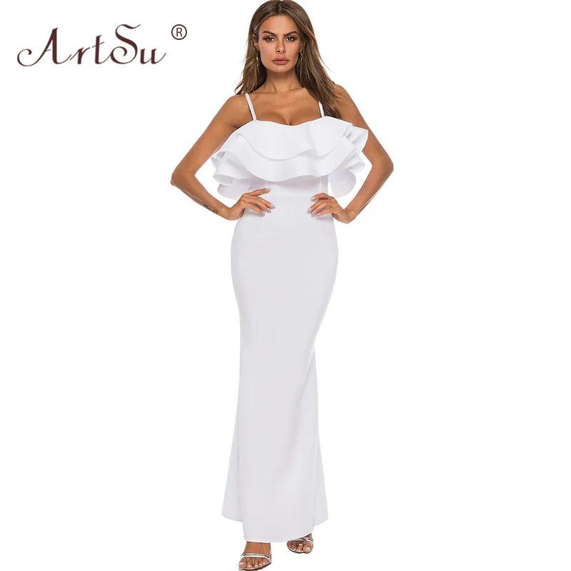 Женское платье с оборками ArtSu белое элегантное облегающее макси на тонких
