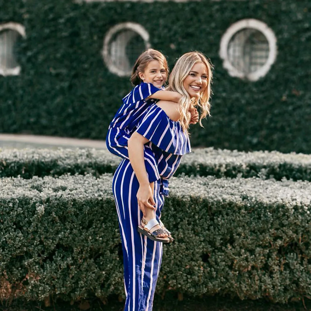 2019 High Fashion Bandage Stripe Mommy＆Me Family Women Ruffled Off Shoulder Striped Print One-Piece Jumpsuit Drop Shipping | Женская