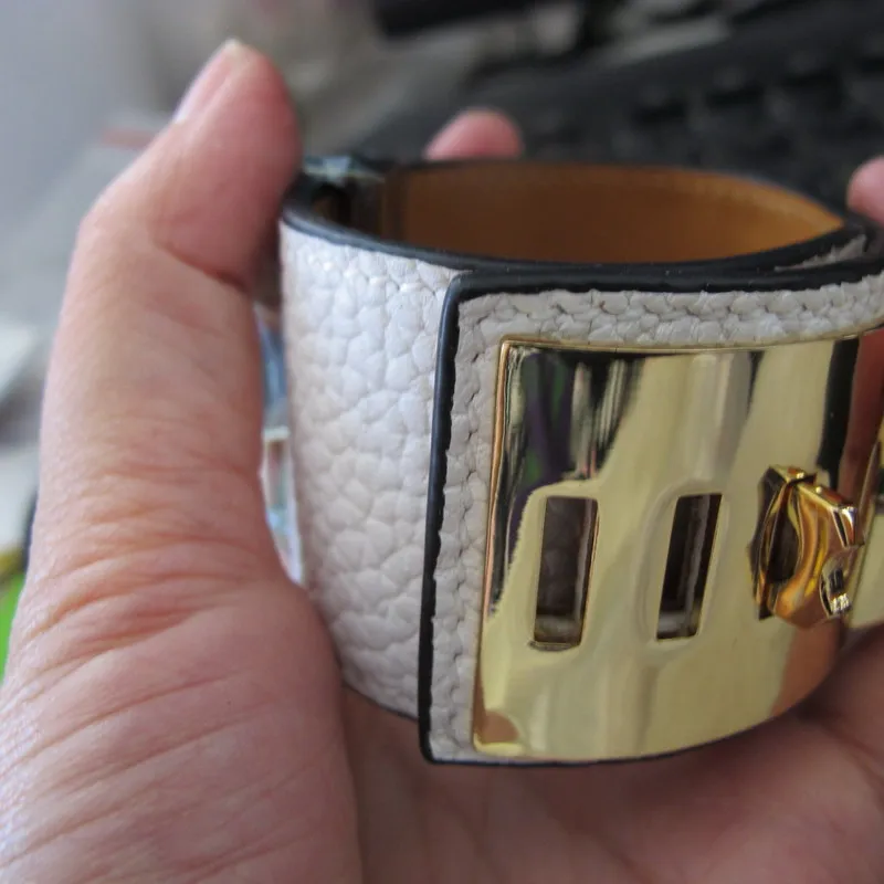 white and gold color Широкий браслет из натуральной телячьей кожи большой 316L нержавеющая сталь фурнитура Панк ювелирные изделия для женщин - Окраска металла: white and gold color
